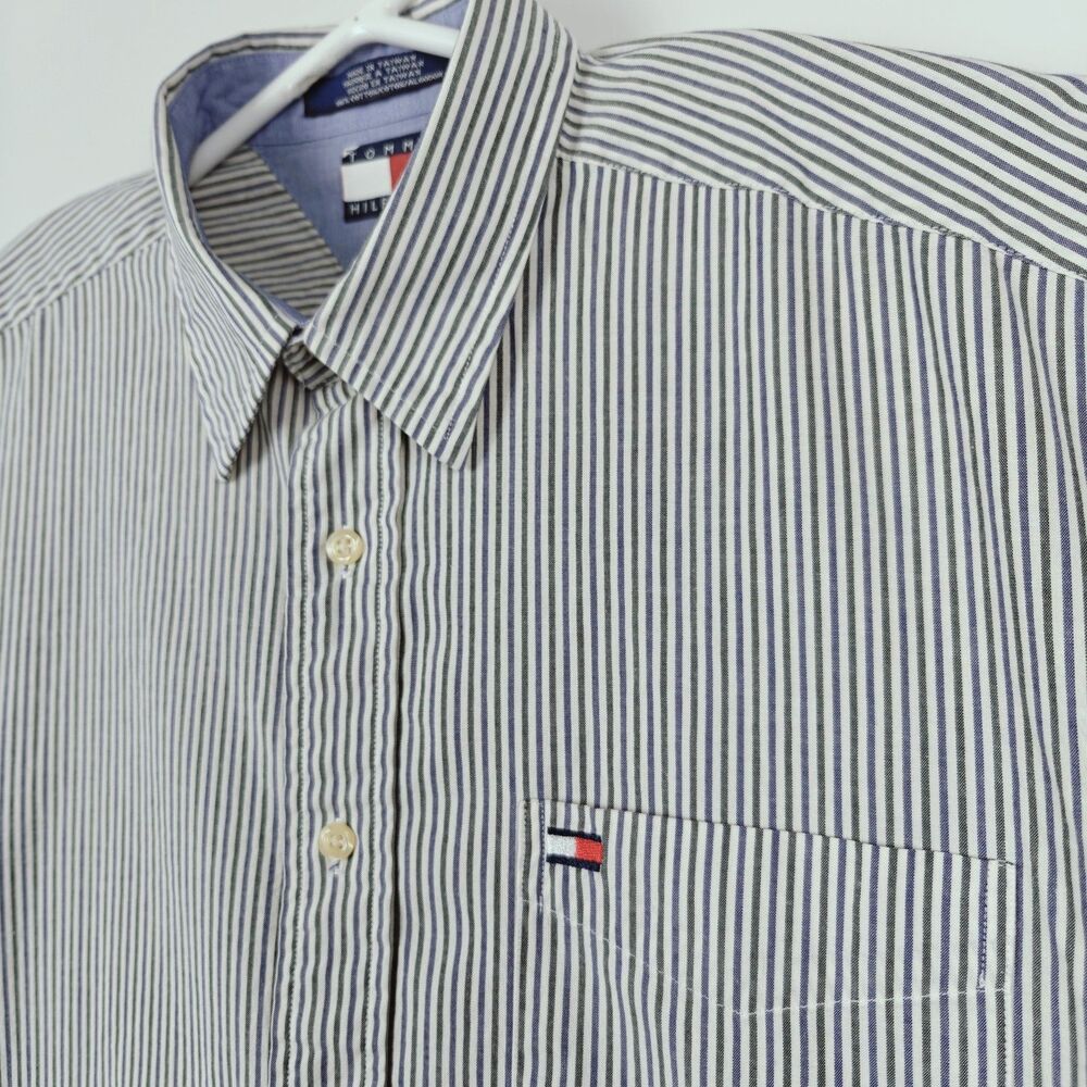 Tommy Hilfiger Men's Large L Button Blue and Green Striped Long Sleeve Shirt